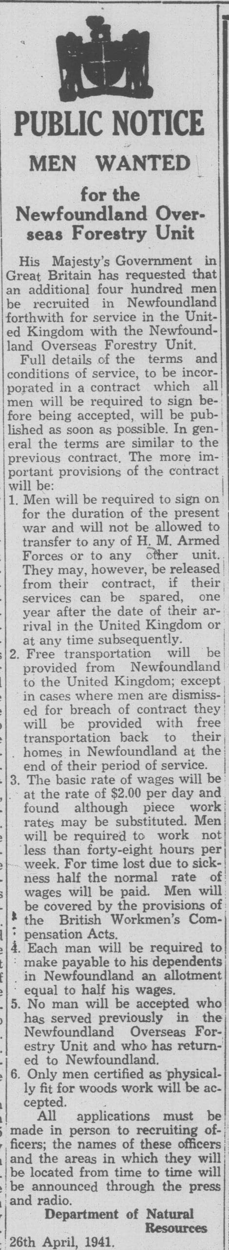 A long, single-column newspaper article begins with the Newfoundland crest then the heading “Public Notice.”
