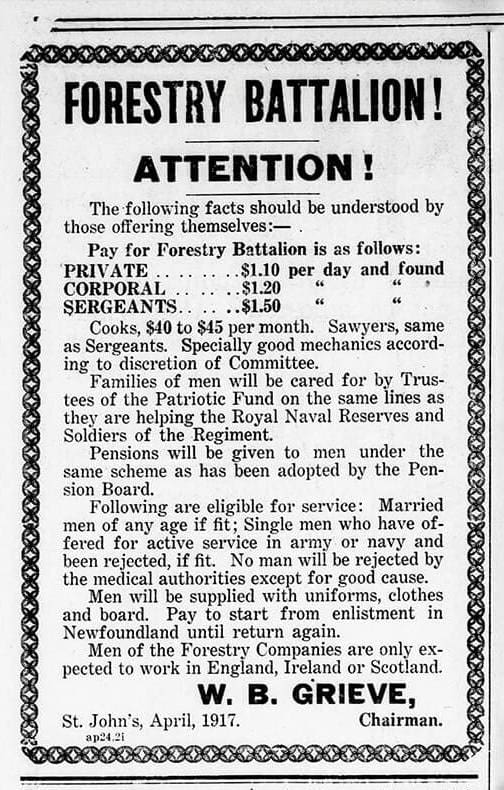 A short newspaper notice printed with a decorative border outlines some facts about the N F C and the pay for some of its ranks. Privates would earn a dollar and 10 cents a day. Sergeants would earn a dollar and a half. Cooks would earn 40 to 45 dollars a month.