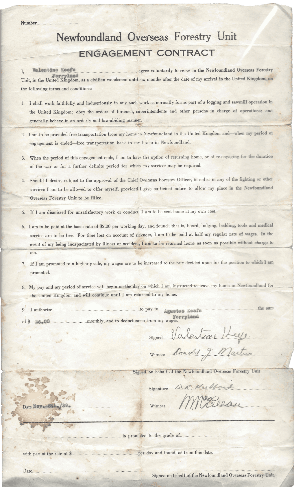 A wrinkled, faded, and stained contract on a legal-sized sheet of paper. Titled “Newfoundland Overseas Forestry Unit Engagement Contract,” it lists nine terms for enlistment and is signed by Valentine Keefe and a witness, as well as a recruiting officer.