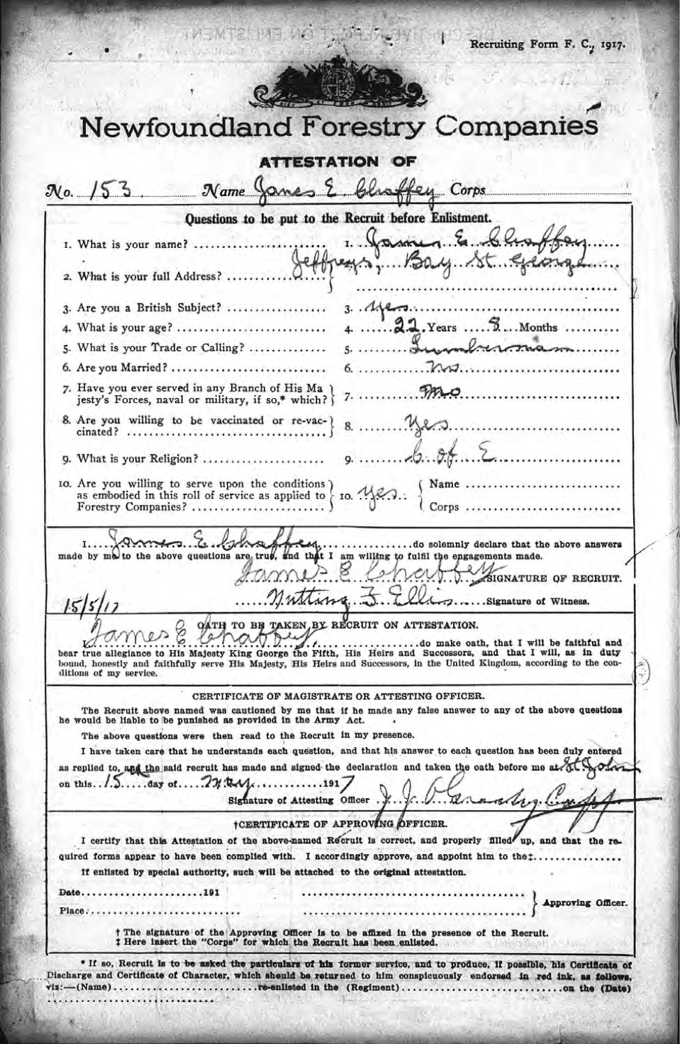 A black and white photograph of a long form that features hand-written responses to 10 questions. The page is divided into 5 sections in all. They are filled in by either the recruit or the attestation officer. One is an oath to be taken by the man who is enlisting.