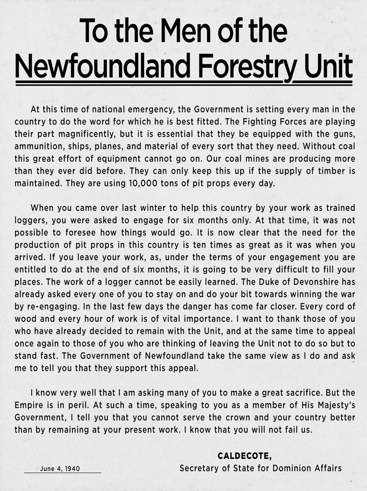 A photograph of a neatly typeset three-paragraph appeal to the enlisted men of the N O F U. It is signed by Caldecote, Secretary of State for Dominion Affairs and dated June 4, 1940.