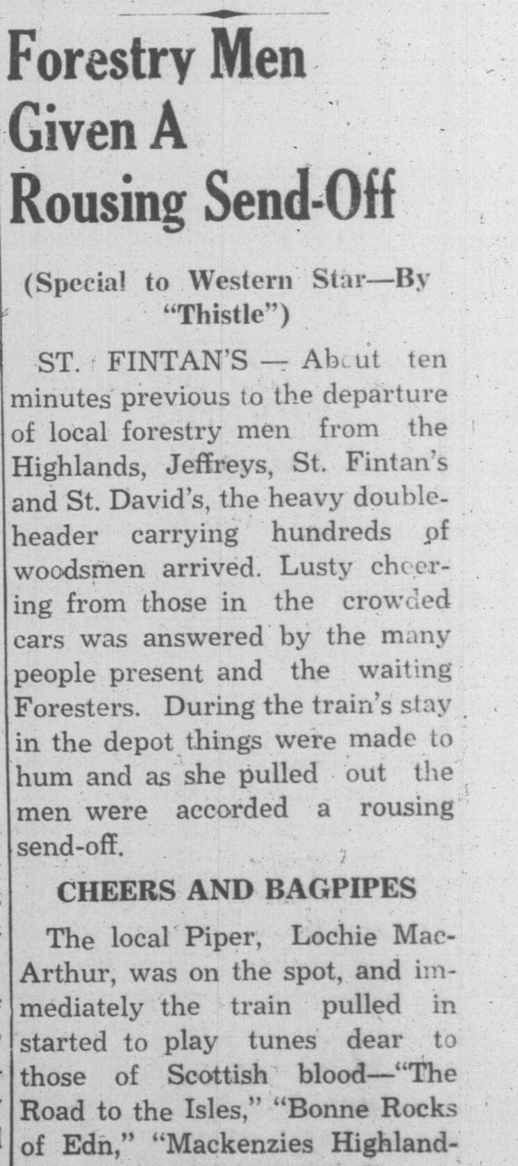 A newspaper clipping titled Forestry Men Given Rousing Send-Off describes the departure of NOFU recruits from St. Fintan’s train station.