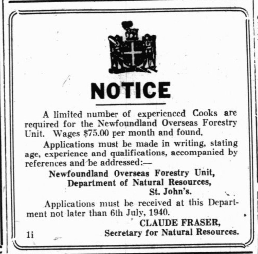 A square newspaper advertisement featuring the Newfoundland crest and a double border line. Entitled “Notice,” it solicits men to apply to be cooks for the overseas NOFU, stating the $75 monthly wage.