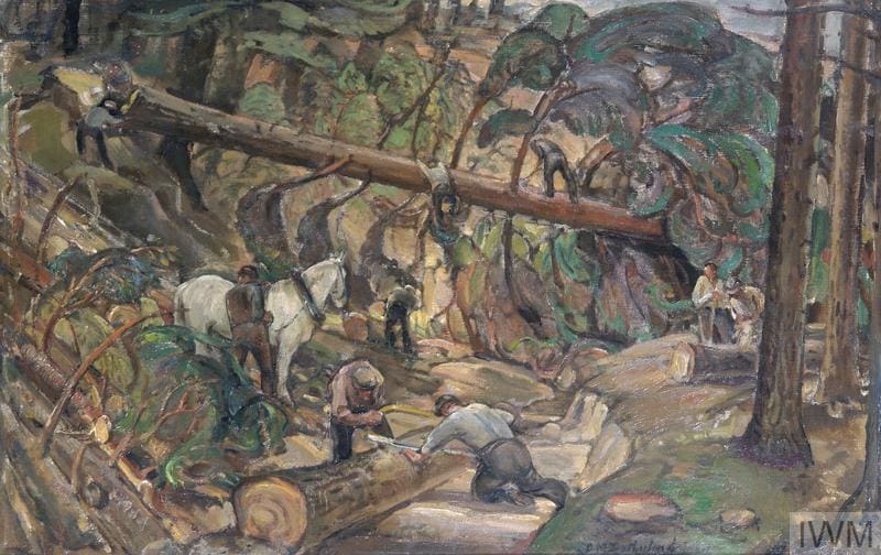 In this busy canvas painted in muted browns and greens, a huge felled conifer is a backdrop behind men at various tasks. One tends a pony. Two others use a crosscut saw to trim a length of timber.