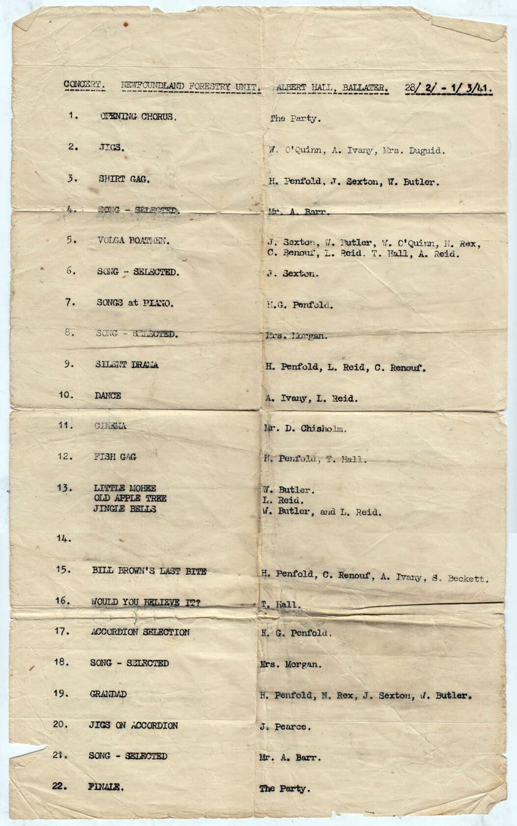 A folded sheet of paper lists twenty-two acts and their performers for the night of February 28.
