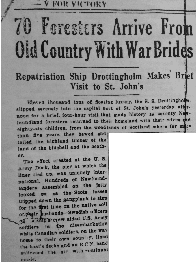 A newspaper clipping describes the arrival of the S.S. Drottingholm in St. John’s carrying 70 Newfoundland and Labrador foresters returning home with their wives and 86 children.