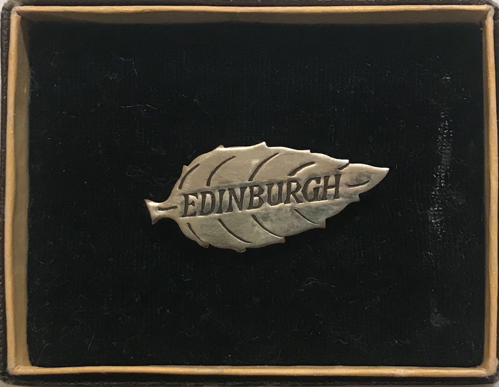 A colour photograph of a silver brooch, in the shape of a feather, in a black box with a golden border.